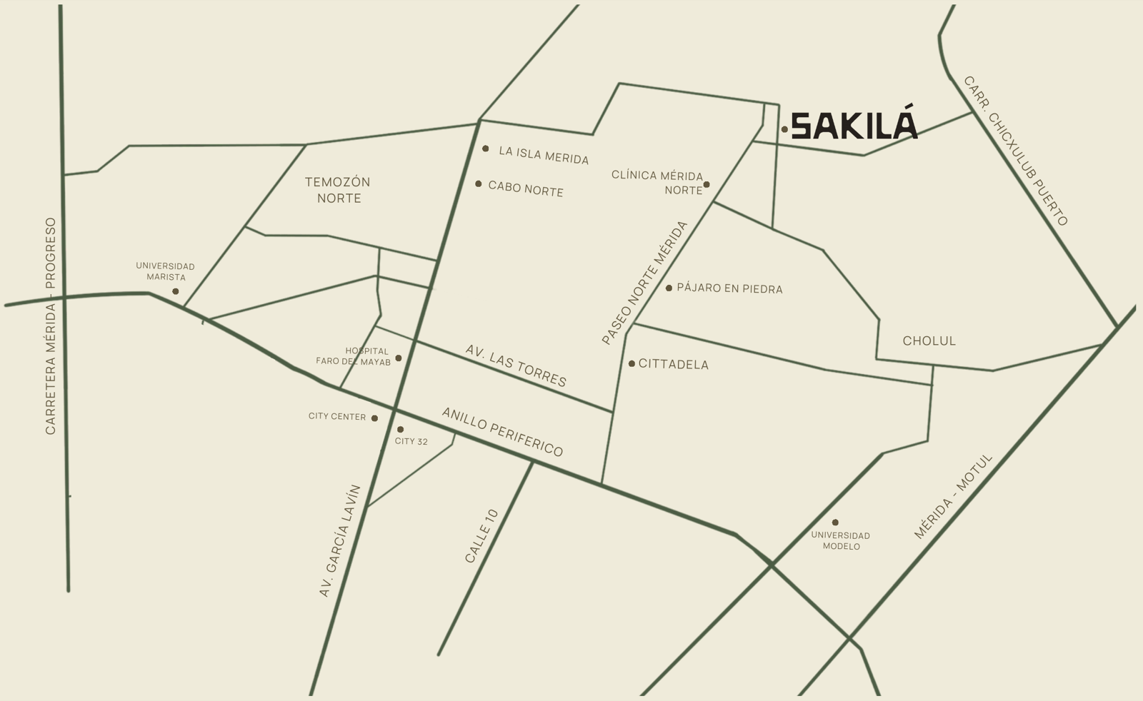 Mapa del norte de Mérida con la ubicación de Sakilá