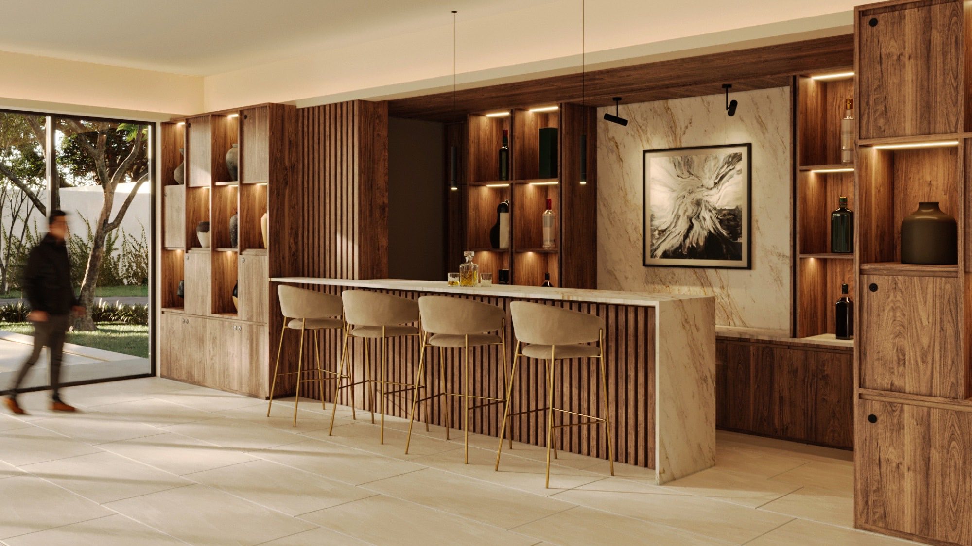 Render del salón y bar