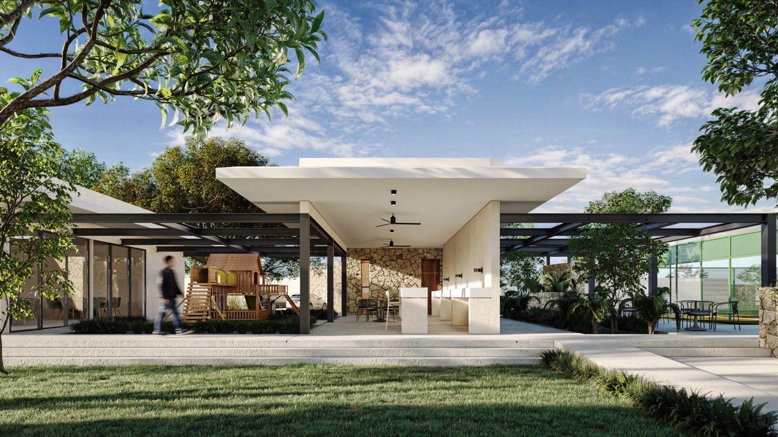 Render de la terraza techada y el área infantil